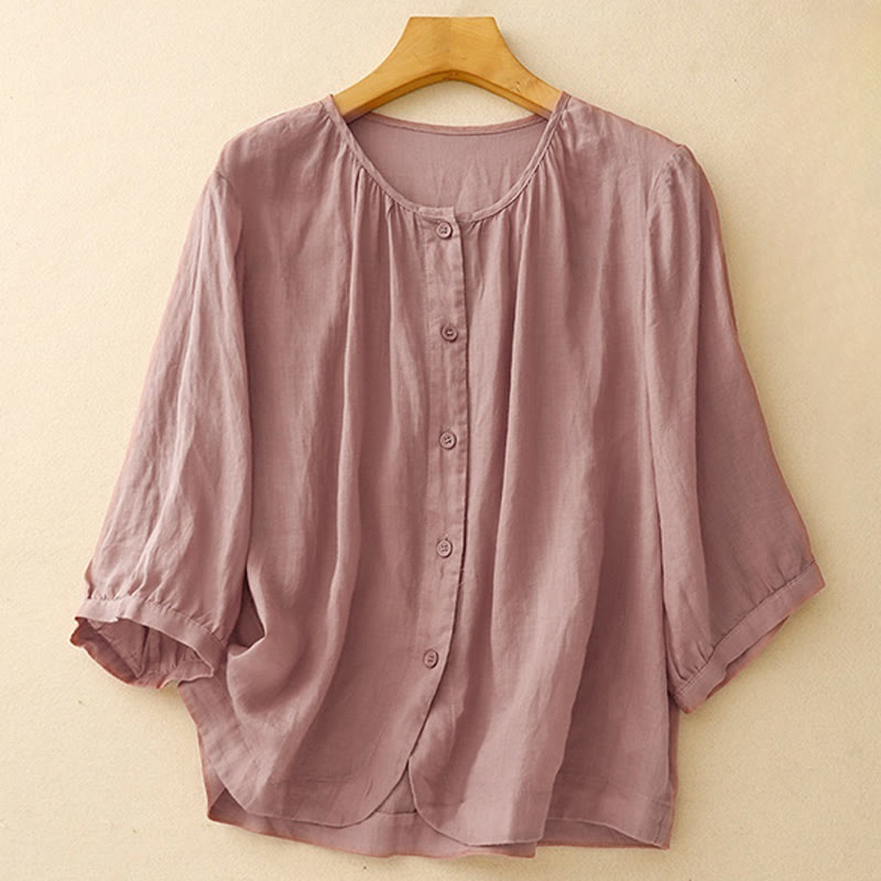 Buddha Stones Plain Button Crew Neck Design Women's  blend Three Quarter Sleeve Shirt - PaleVioletRed - US14，UK/AU18，EU46 (2XL) - image 5