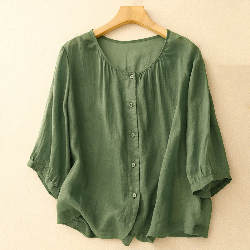Buddha Stones Plain Button Crew Neck Design Women's Cotton blend Three Quarter Sleeve Shirt - Green - US14，UK/AU18，EU46 (2XL) - image 21