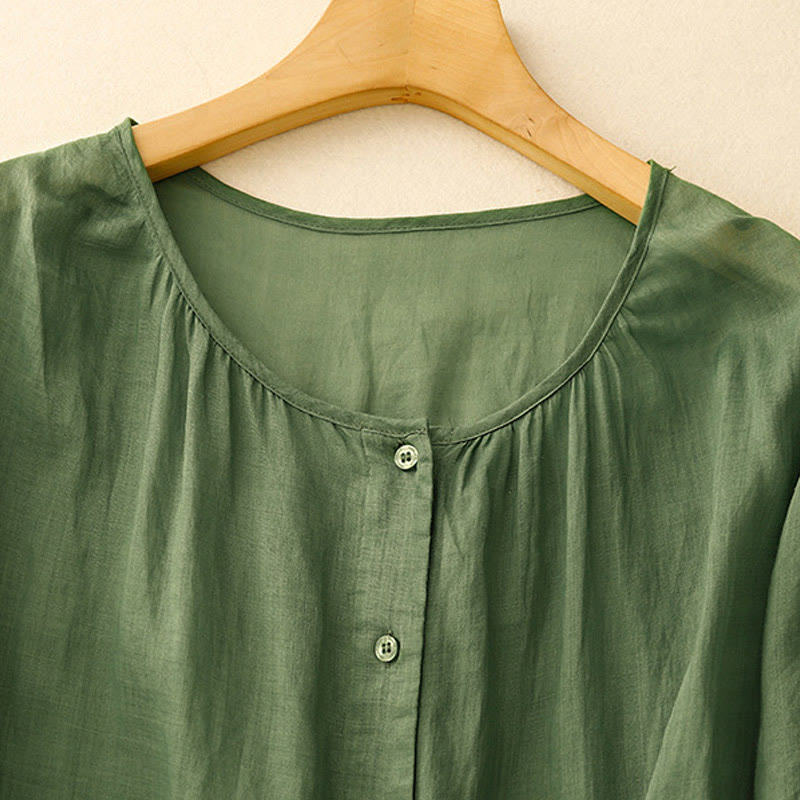 Buddha Stones Plain Button Crew Neck Design Women's Cotton blend Three Quarter Sleeve Shirt - image 22