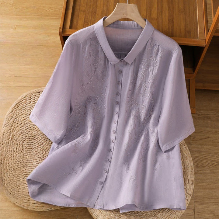 Buddha Stones Embroiderd Front Button Stand Collar Design Women's Cotton Short Sleeve Shirt  - MediumPurple - US8-10，UK/AU12-14，EU40-42 (2XL) - image 0