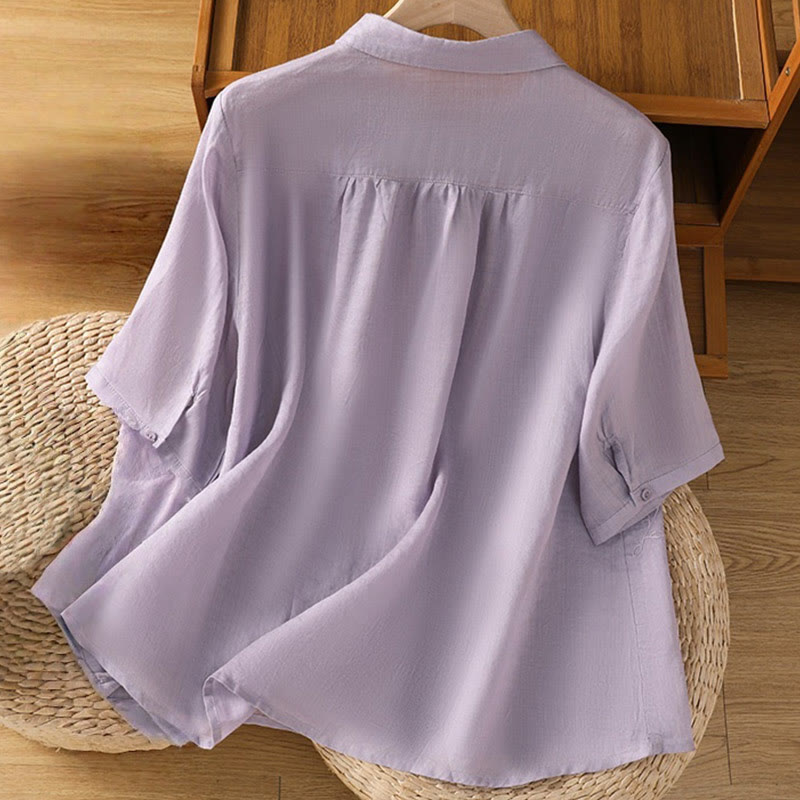 Buddha Stones Embroiderd Front Button Stand Collar Design Women's Cotton Short Sleeve Shirt  - image 1