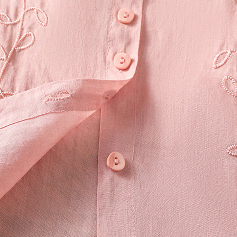 Buddha Stones Embroiderd Front Button Stand Collar Design Women's Cotton Short Sleeve Shirt  - image 14