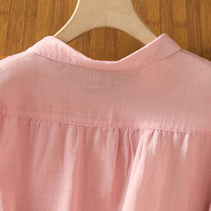 Buddha Stones Embroiderd Front Button Stand Collar Design Women's Cotton Short Sleeve Shirt  - image 10