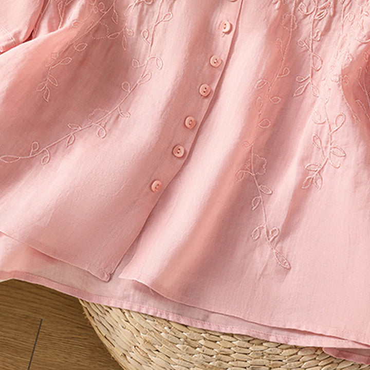 Buddha Stones Embroiderd Front Button Stand Collar Design Women's Cotton Short Sleeve Shirt  - image 15