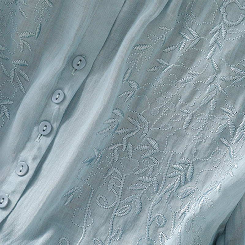 Buddha Stones Embroiderd Front Button Stand Collar Design Women's Cotton Short Sleeve Shirt  - image 30