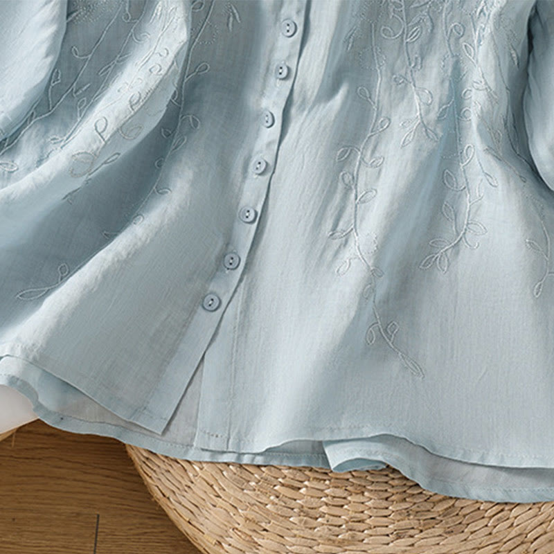 Buddha Stones Embroiderd Front Button Stand Collar Design Women's Cotton Short Sleeve Shirt  - image 28