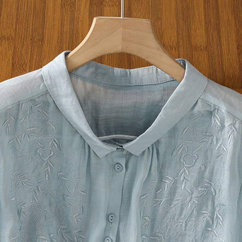 Buddha Stones Embroiderd Front Button Stand Collar Design Women's Cotton Short Sleeve Shirt  - image 25