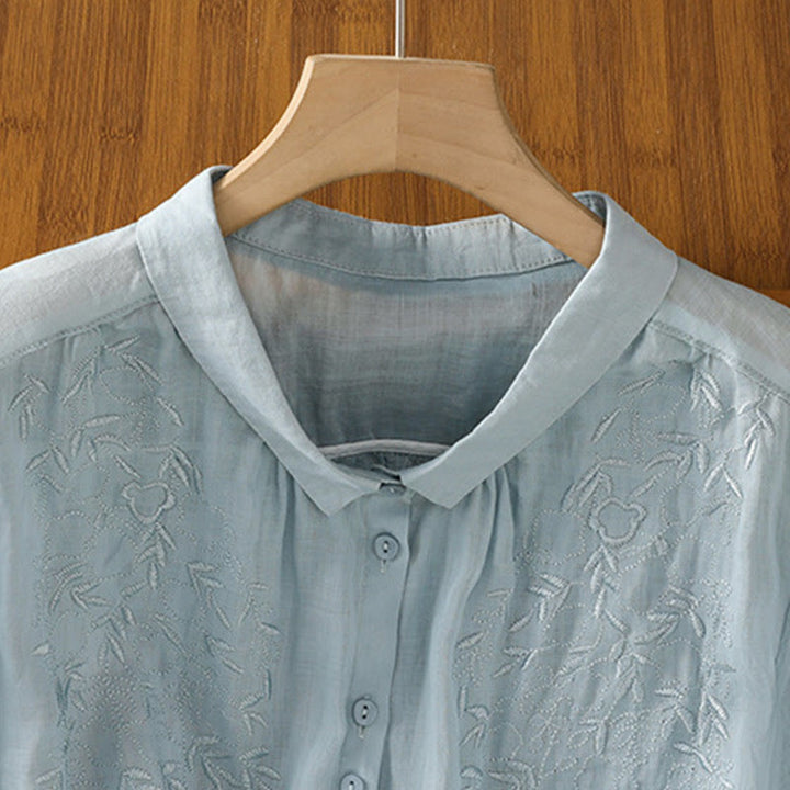 Buddha Stones Embroiderd Front Button Stand Collar Design Women's Cotton Short Sleeve Shirt  - image 25