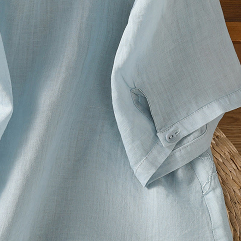 Buddha Stones Embroiderd Front Button Stand Collar Design Women's Cotton Short Sleeve Shirt  - image 27