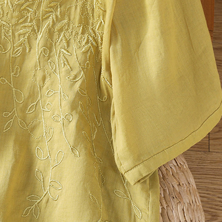 Buddha Stones Embroiderd Front Button Stand Collar Design Women's Cotton Short Sleeve Shirt  - image 35