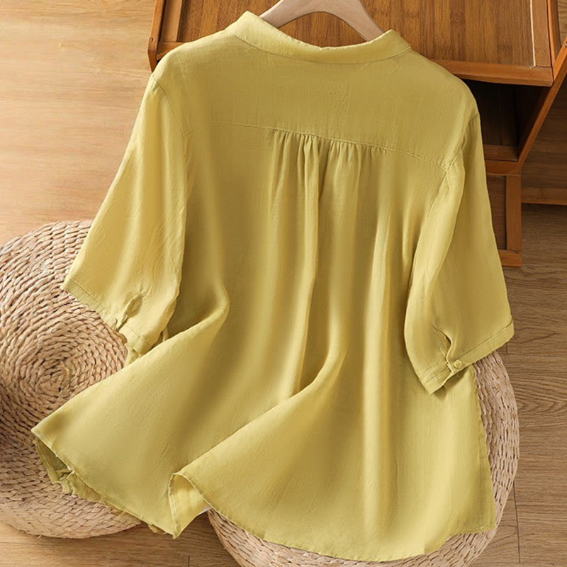 Buddha Stones Embroiderd Front Button Stand Collar Design Women's Cotton Short Sleeve Shirt  - image 32