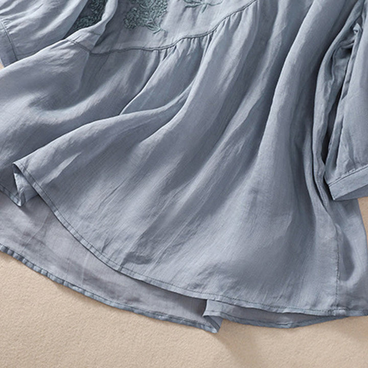 Buddha Stones Embroidered Flower Crew Neck Design Women's Cotton Linen Half Sleeve Shirt - image 4