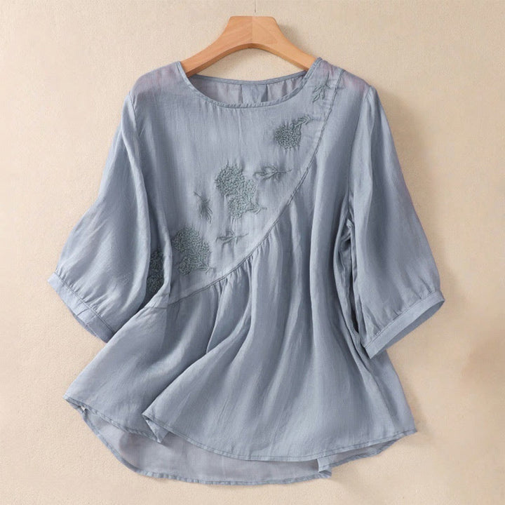 Buddha Stones Embroidered Flower Crew Neck Design Women's Cotton Linen Half Sleeve Shirt - CornflowerBlue - US8-10，UK/AU12-14，EU40-42 (2XL) - image 0