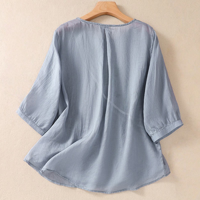 Buddha Stones Embroiderd Flower Crew Neck Design Women's Cotton Linen Half Sleeve Shirt  - image 1