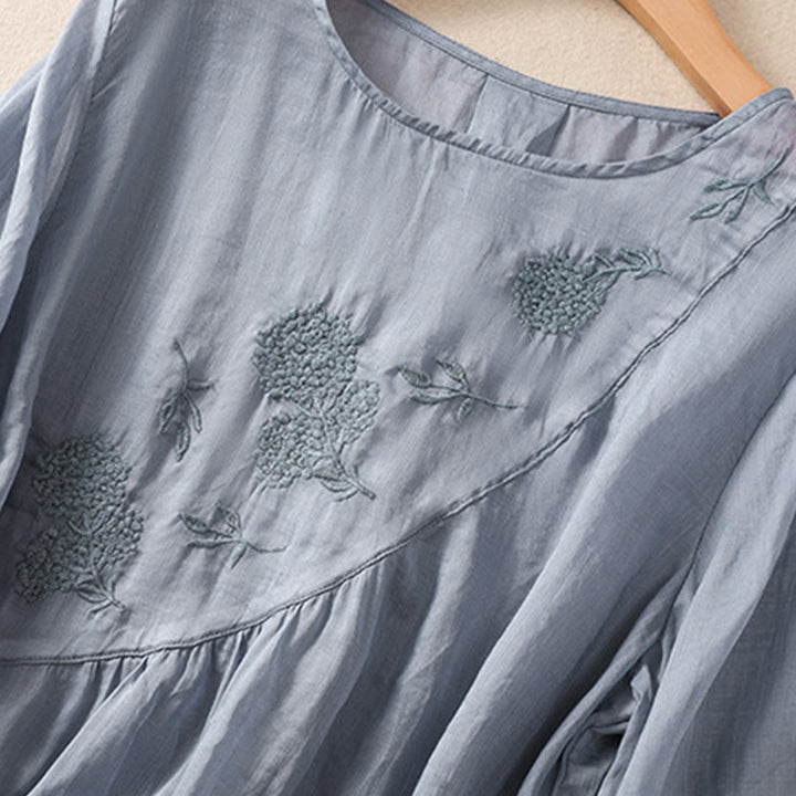 Buddha Stones Embroiderd Flower Crew Neck Design Women's Cotton Linen Half Sleeve Shirt  - image 6