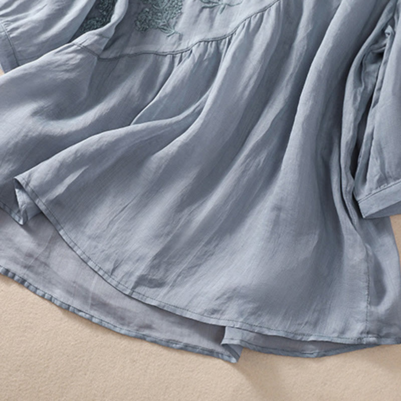 Buddha Stones Embroiderd Flower Crew Neck Design Women's Cotton Linen Half Sleeve Shirt  - image 4