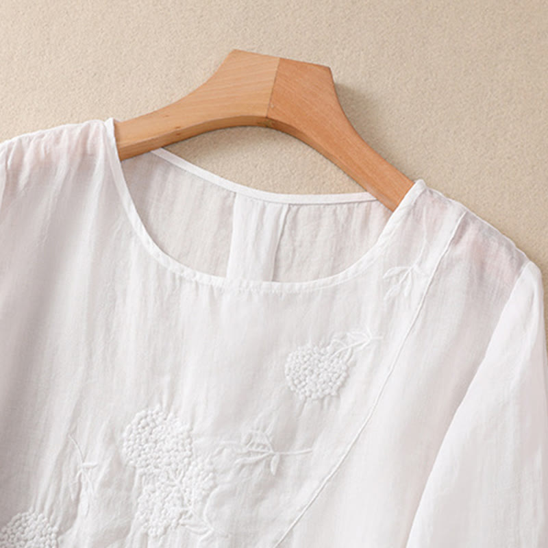 Buddha Stones Embroiderd Flower Crew Neck Design Women's Cotton Linen Half Sleeve Shirt  - image 9