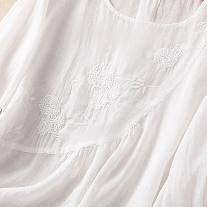 Buddha Stones Embroiderd Flower Crew Neck Design Women's Cotton Linen Half Sleeve Shirt  - image 13