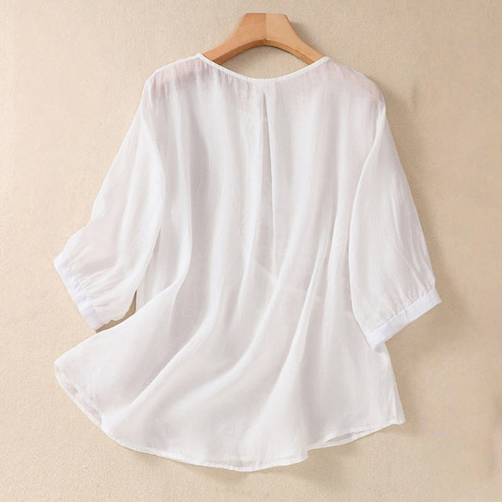 Buddha Stones Embroiderd Flower Crew Neck Design Women's Cotton Linen Half Sleeve Shirt  - image 8