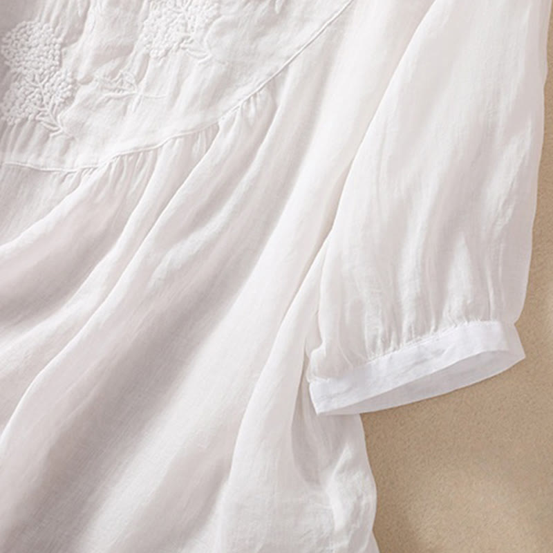 Buddha Stones Embroiderd Flower Crew Neck Design Women's Cotton Linen Half Sleeve Shirt  - image 11