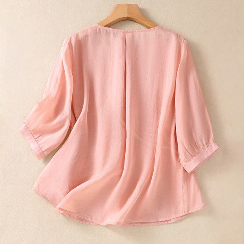 Buddha Stones Embroidered Flower Crew Neck Design Women's Cotton Linen Half Sleeve Shirt - image 15