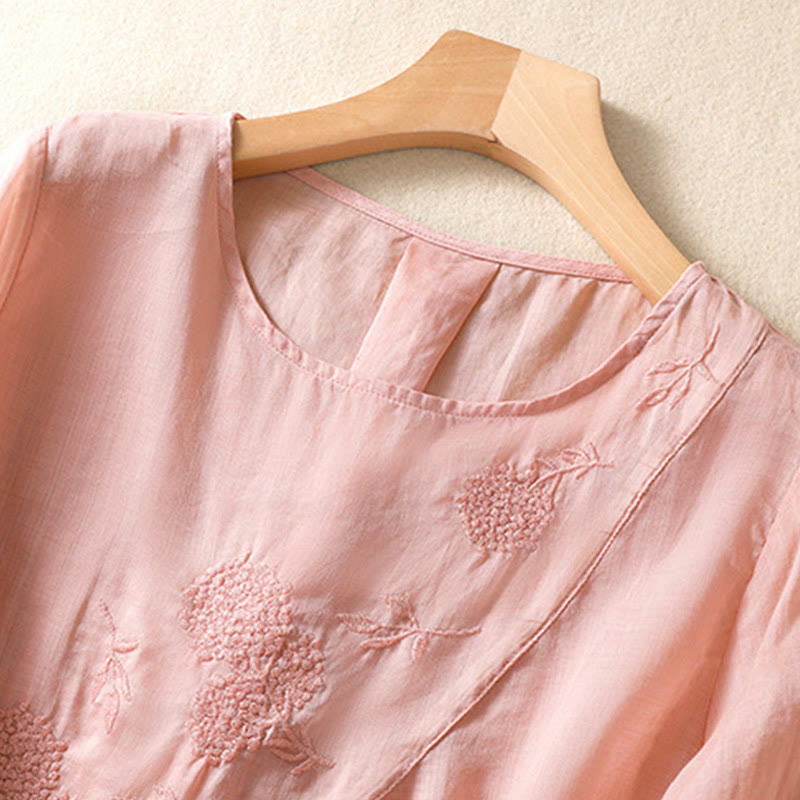 Buddha Stones Embroiderd Flower Crew Neck Design Women's Cotton Linen Half Sleeve Shirt  - image 16