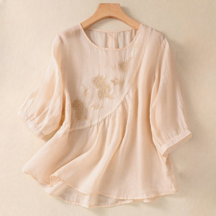 Buddha Stones Embroidered Flower Crew Neck Design Women's Cotton Linen Half Sleeve Shirt - PapayaWhip - US8-10，UK/AU12-14，EU40-42 (2XL) - image 22