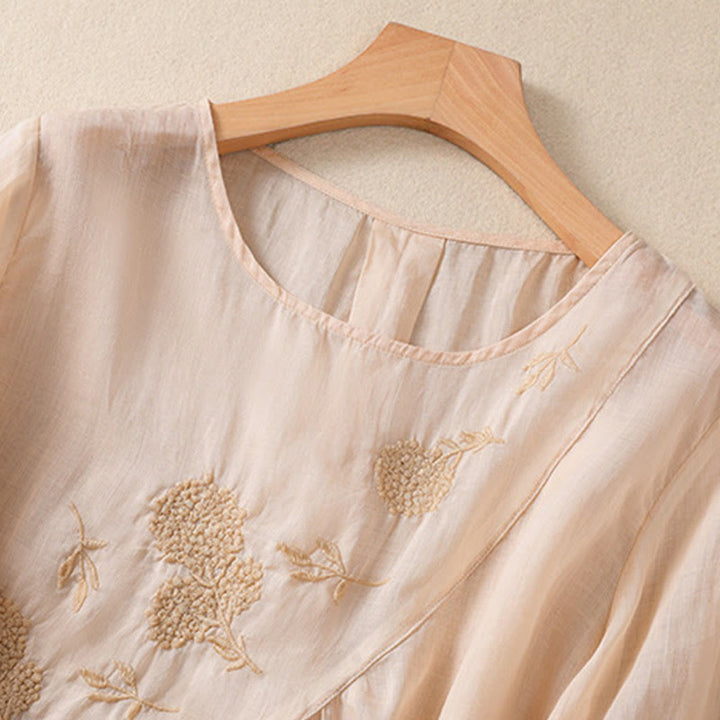 Buddha Stones Embroidered Flower Crew Neck Design Women's Cotton Linen Half Sleeve Shirt - image 24