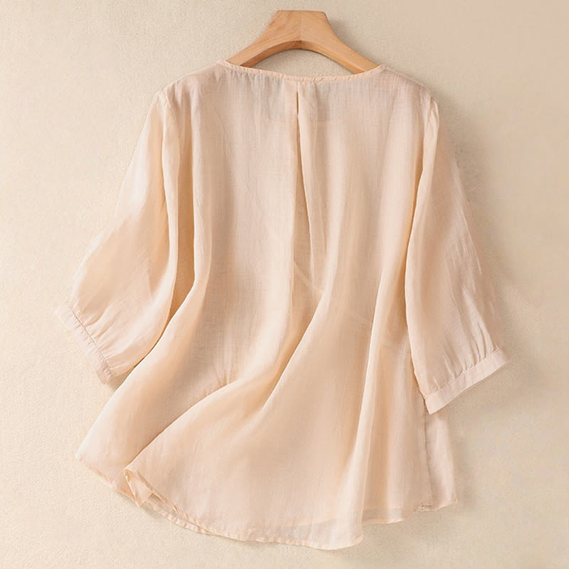 Buddha Stones Embroidered Flower Crew Neck Design Women's Cotton Linen Half Sleeve Shirt - image 23