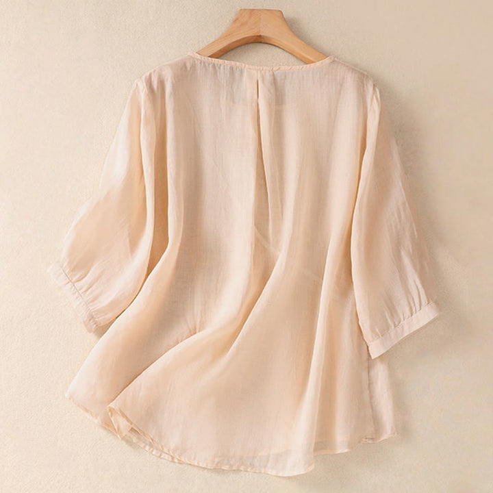 Buddha Stones Embroidered Flower Crew Neck Design Women's Cotton Linen Half Sleeve Shirt - image 23