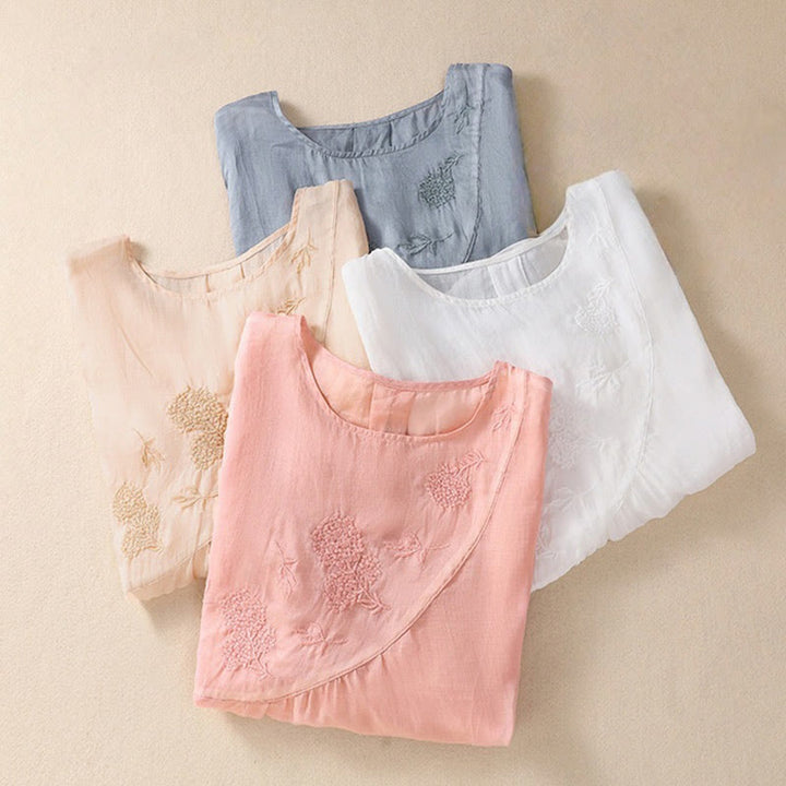 Buddha Stones Embroiderd Flower Crew Neck Design Women's Cotton Linen Half Sleeve Shirt  - image 27