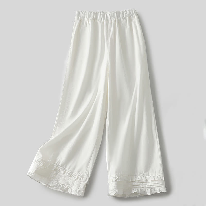 Buddha Stones Artistic Commute Pure Color Ruffled Hem Design Women's Cotton Linen Pants With Pockets - White - US12，UK/AU16，EU44 (2XL) - image 0