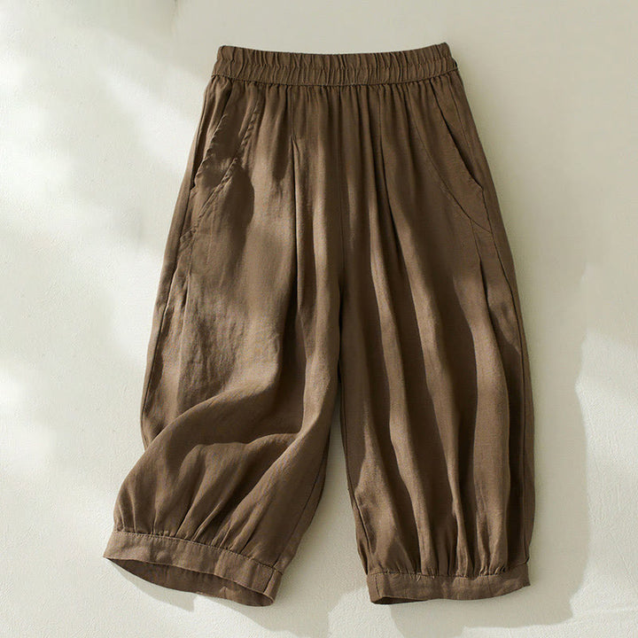 Buddha Stones Commute Pure Color High Waist Women's Cotton Linen Harem Cropped Pants With Pockets - SaddleBrown - US8-10，UK/AU12-14，EU40-42 (2XL) - image 0