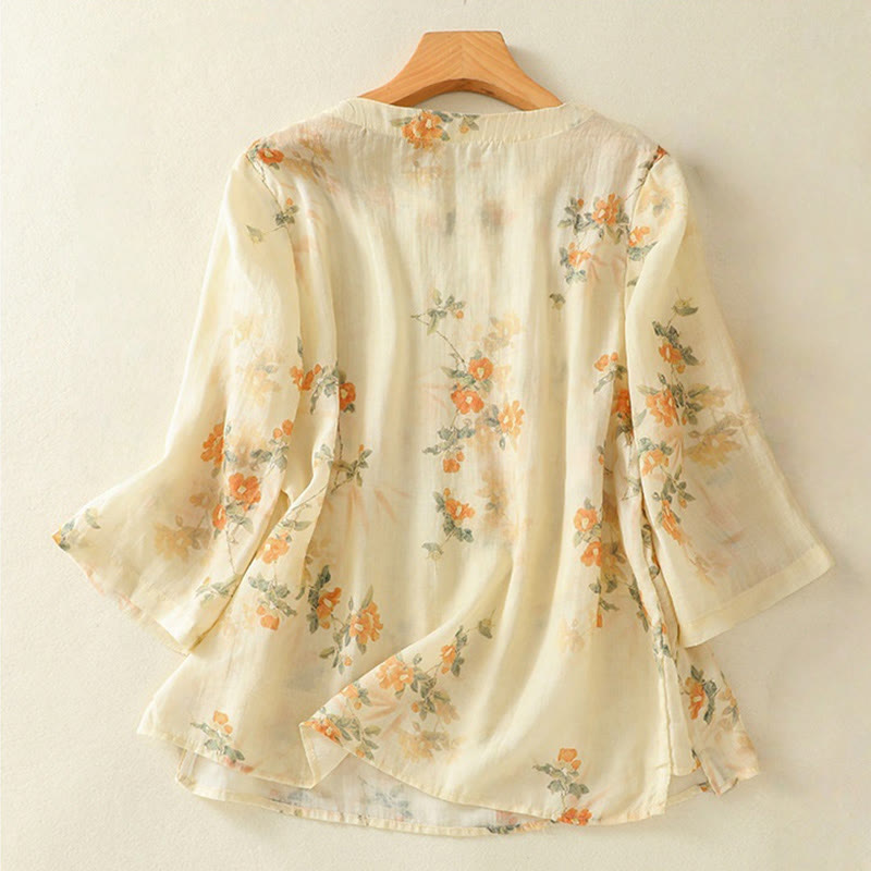 Buddha Stones Plant Printed Crew Neck Frog Button Design Women's Polyester Three Quarter Sleeve Shirt - image 1