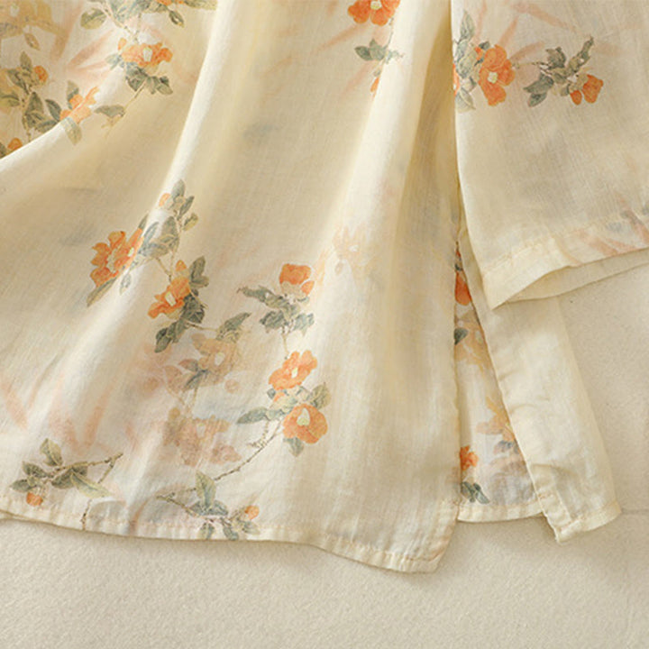 Buddha Stones Plant Printed Crew Neck Frog Button Design Women's Polyester Three Quarter Sleeve Shirt - image 7