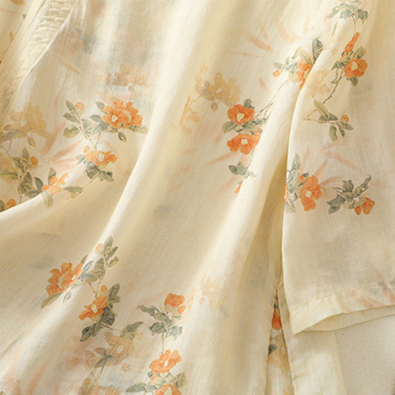 Buddha Stones Plant Printed Crew Neck Frog Button Design Women's Polyester Three Quarter Sleeve Shirt - image 6