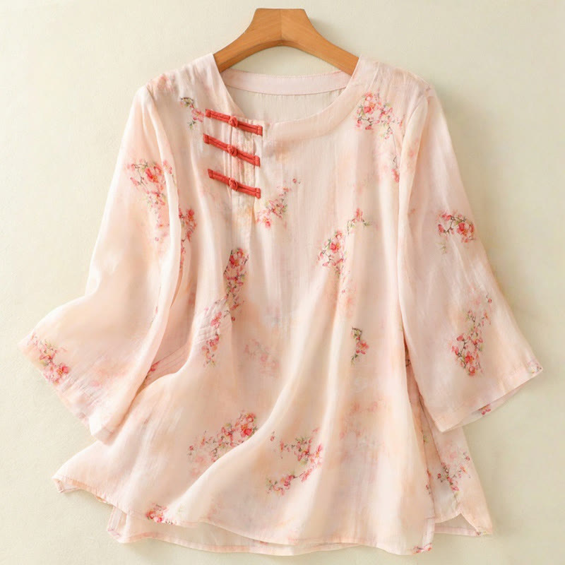 Buddha Stones Plant Printed Crew Neck Frog Button Design Women's Polyester Three Quarter Sleeve Shirt - MistyRose - US8-10，UK/AU12-14，EU40-42 (2XL) - image 8
