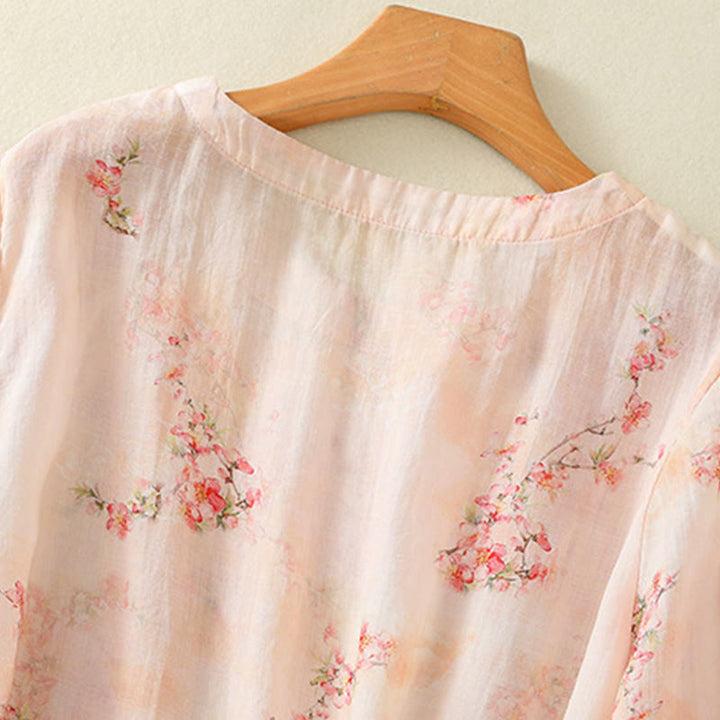 Buddha Stones Plant Printed Crew Neck Frog Button Design Women's Polyester Three Quarter Sleeve Shirt - image 12