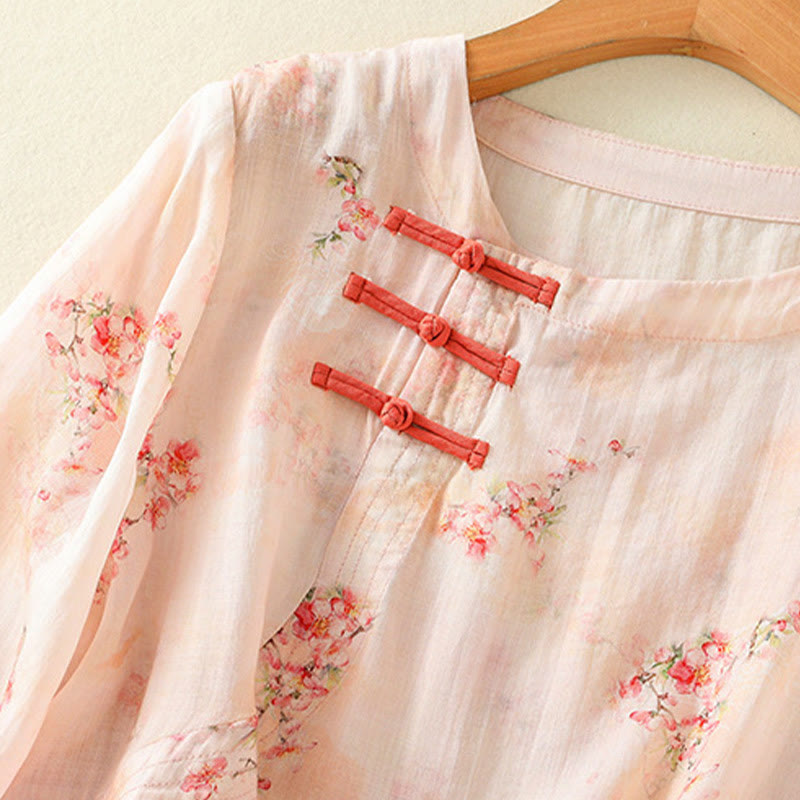 Buddha Stones Plant Printed Crew Neck Frog Button Design Women's Polyester Three Quarter Sleeve Shirt - image 10