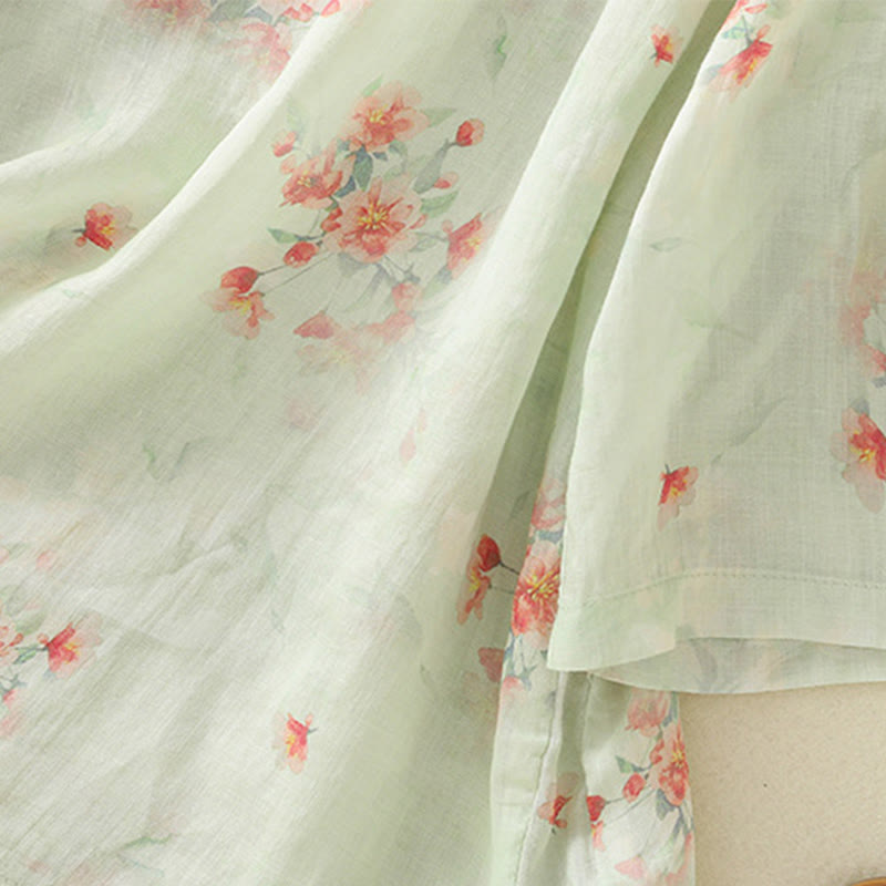 Buddha Stones Plant Printed Crew Neck Frog Button Design Women's Polyester Three Quarter Sleeve Shirt - image 22