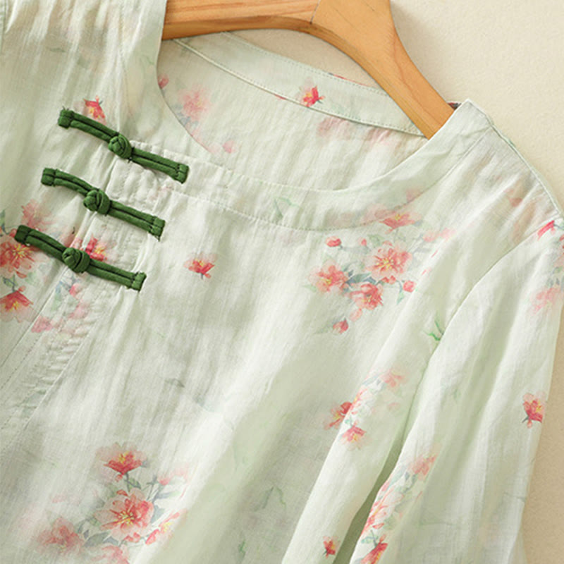 Buddha Stones Plant Printed Crew Neck Frog Button Design Women's Polyester Three Quarter Sleeve Shirt - image 20