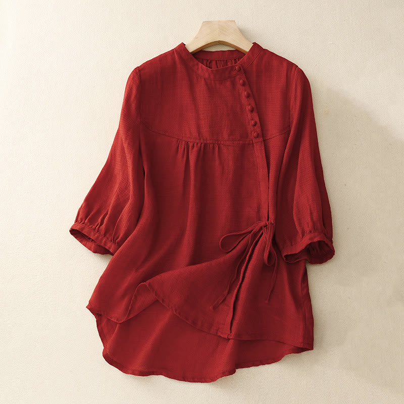 Buddha Stones Lace-up Buttons Design Women's Cotton Linen Three Quarter Sleeve Shirt - Crimson - US14，UK/AU18，EU46 (2XL) - image 15