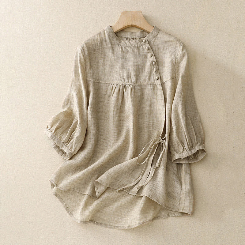 Buddha Stones Lace-up Buttons Design Women's Cotton Linen Three Quarter Sleeve Shirt - Wheat - US14，UK/AU18，EU46 (2XL) - image 6