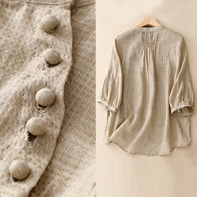 Buddha Stones Lace-up Buttons Design Women's Cotton Linen Three Quarter Sleeve Shirt - image 12