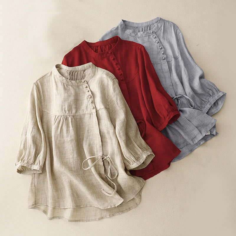 Buddha Stones Lace-up Buttons Design Women's Three Quarter Sleeve Shirt - image 1