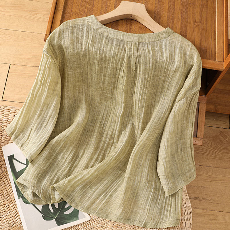 Buddha Stones Casual Summer Plain Crew Neck Women's  Cotton Linen Three Quarter Sleeve T-Shirt - image 1