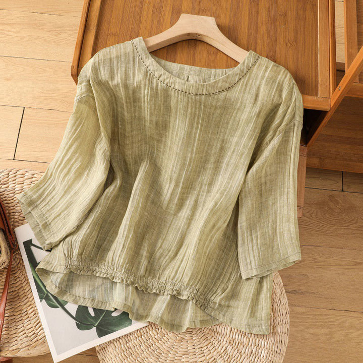 Buddha Stones Casual Summer Plain Crew Neck Women's  Cotton Linen Three Quarter Sleeve T-Shirt - DarkKhaki - US14，UK/AU18，EU46 (2XL) - image 0