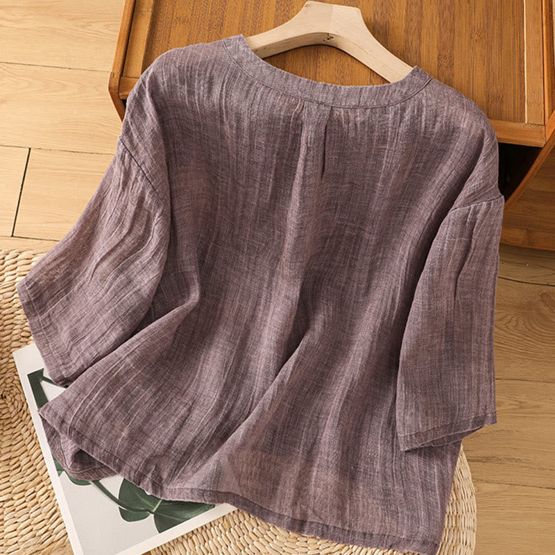 Buddha Stones Casual Summer Plain Crew Neck Women's  Cotton Linen Three Quarter Sleeve T-Shirt - image 9