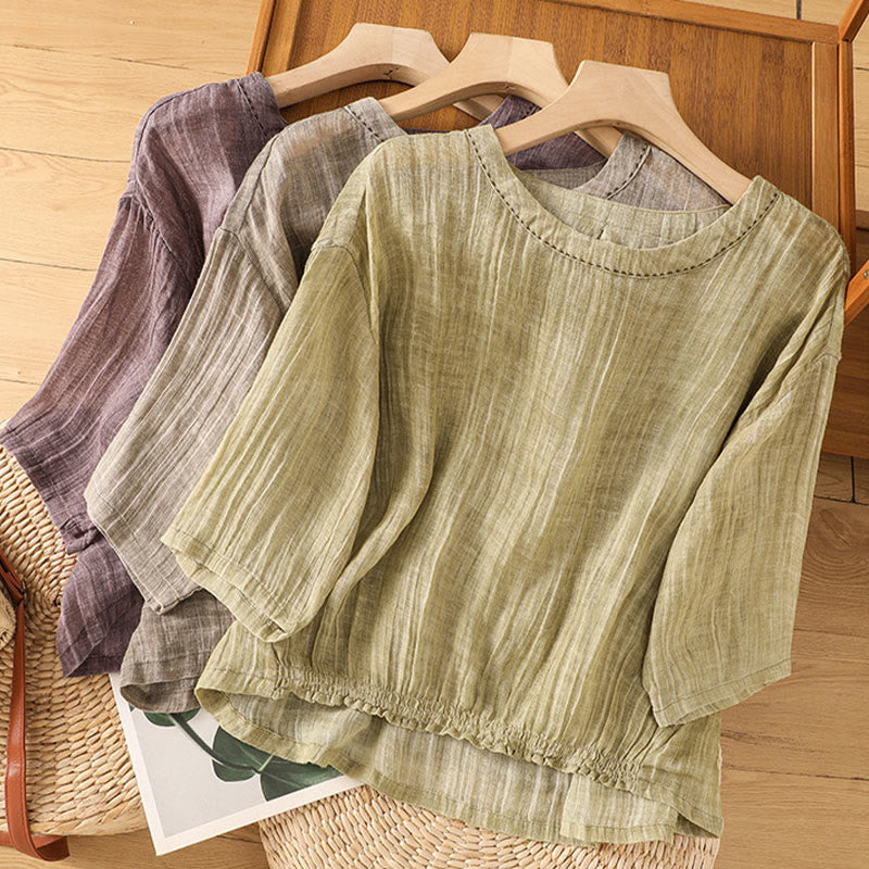 Buddha Stones Casual Summer Plain Crew Neck Women's  Cotton Linen Three Quarter Sleeve T-Shirt - image 30