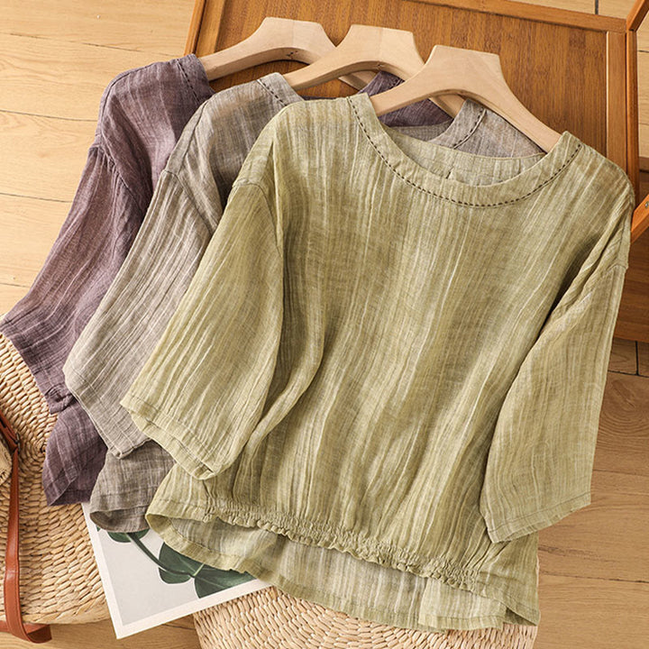 Buddha Stones Casual Summer Plain Crew Neck Women's  Cotton Linen Three Quarter Sleeve T-Shirt - image 30